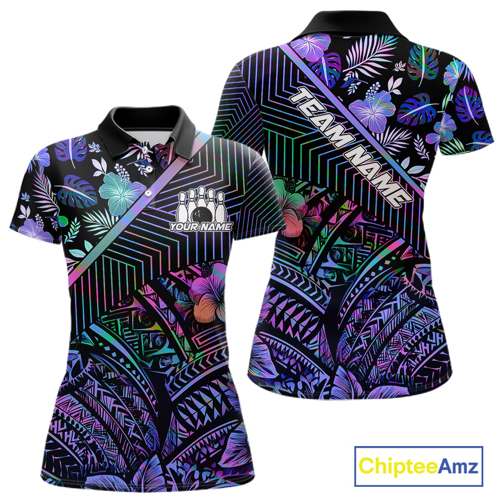 Holographic Rainbow Tribal Pattern Bowling Polo, 1/4 Zip Shirts For Women Custom Team Bowling Jersey NYN4403