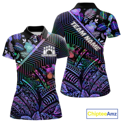 Holographic Rainbow Tribal Pattern Bowling Polo, 1/4 Zip Shirts For Women Custom Team Bowling Jersey NYN4403