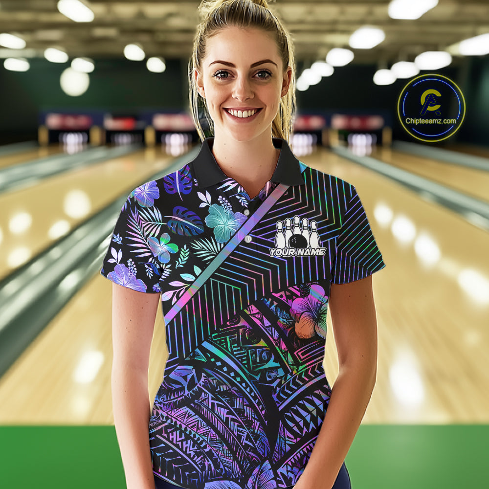 Holographic Rainbow Tribal Pattern Bowling Polo, 1/4 Zip Shirts For Women Custom Team Bowling Jersey NYN4403