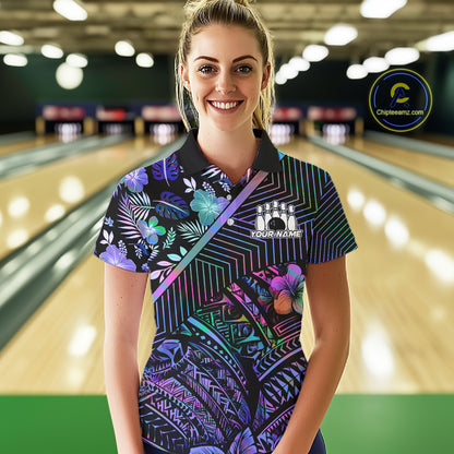 Holographic Rainbow Tribal Pattern Bowling Polo, 1/4 Zip Shirts For Women Custom Team Bowling Jersey NYN4403