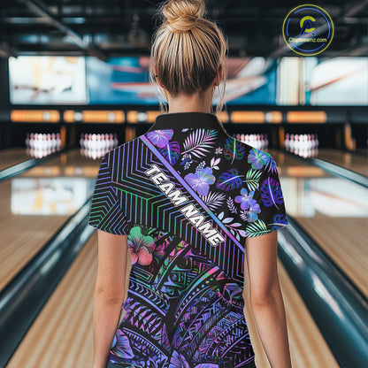 Holographic Rainbow Tribal Pattern Bowling Polo, 1/4 Zip Shirts For Women Custom Team Bowling Jersey NYN4403