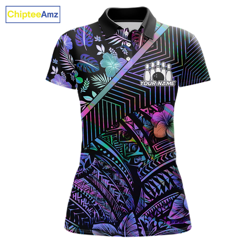 Holographic Rainbow Tribal Pattern Bowling Polo, 1/4 Zip Shirts For Women Custom Team Bowling Jersey NYN4403