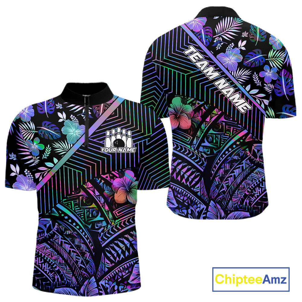Holographic Rainbow Tribal Pattern Bowling Polo, 1/4 Zip Shirts For Men Custom Team Bowling Jersey NYN4403