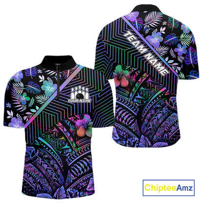 Holographic Rainbow Tribal Pattern Bowling Polo, 1/4 Zip Shirts For Men Custom Team Bowling Jersey NYN4403