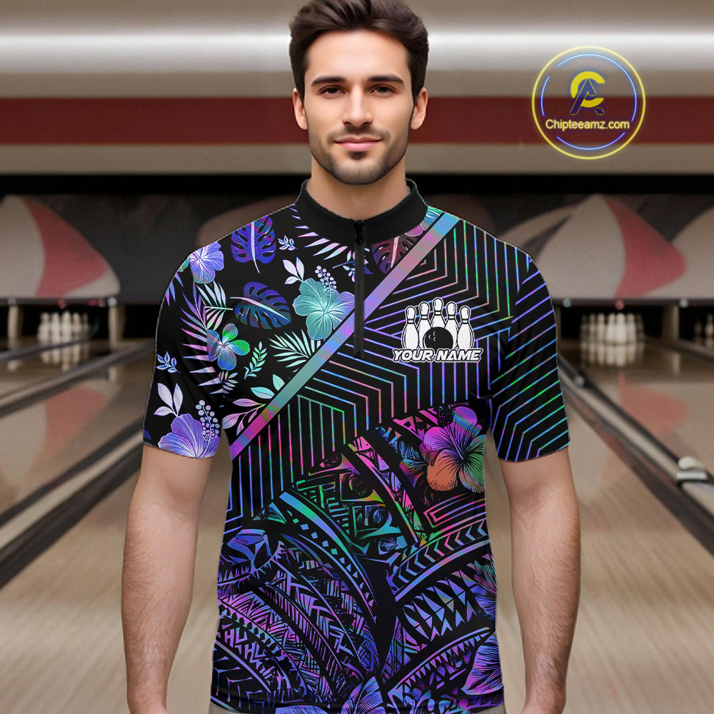 Holographic Rainbow Tribal Pattern Bowling Polo, 1/4 Zip Shirts For Men Custom Team Bowling Jersey NYN4403