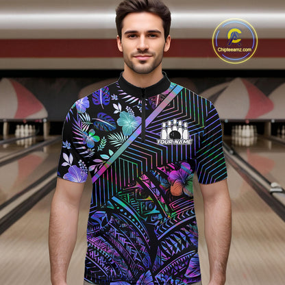 Holographic Rainbow Tribal Pattern Bowling Polo, 1/4 Zip Shirts For Men Custom Team Bowling Jersey NYN4403