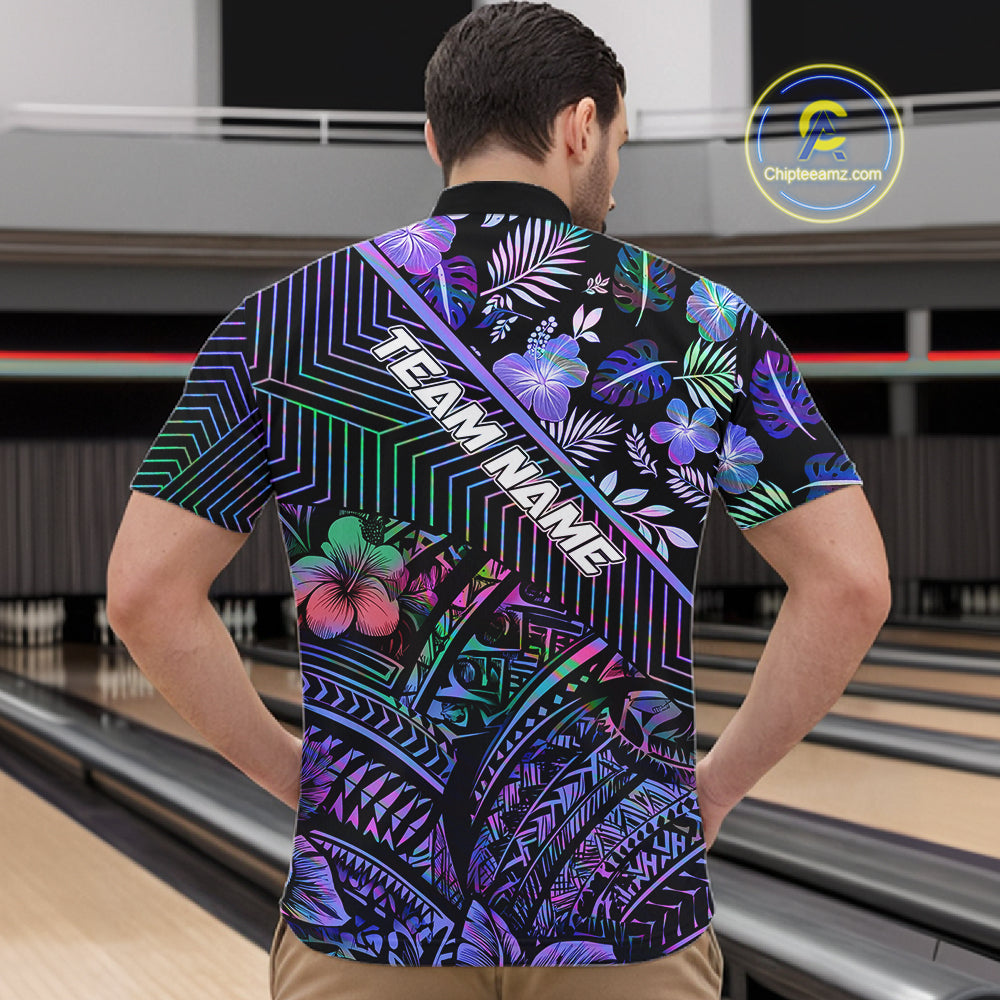 Holographic Rainbow Tribal Pattern Bowling Polo, 1/4 Zip Shirts For Men Custom Team Bowling Jersey NYN4403