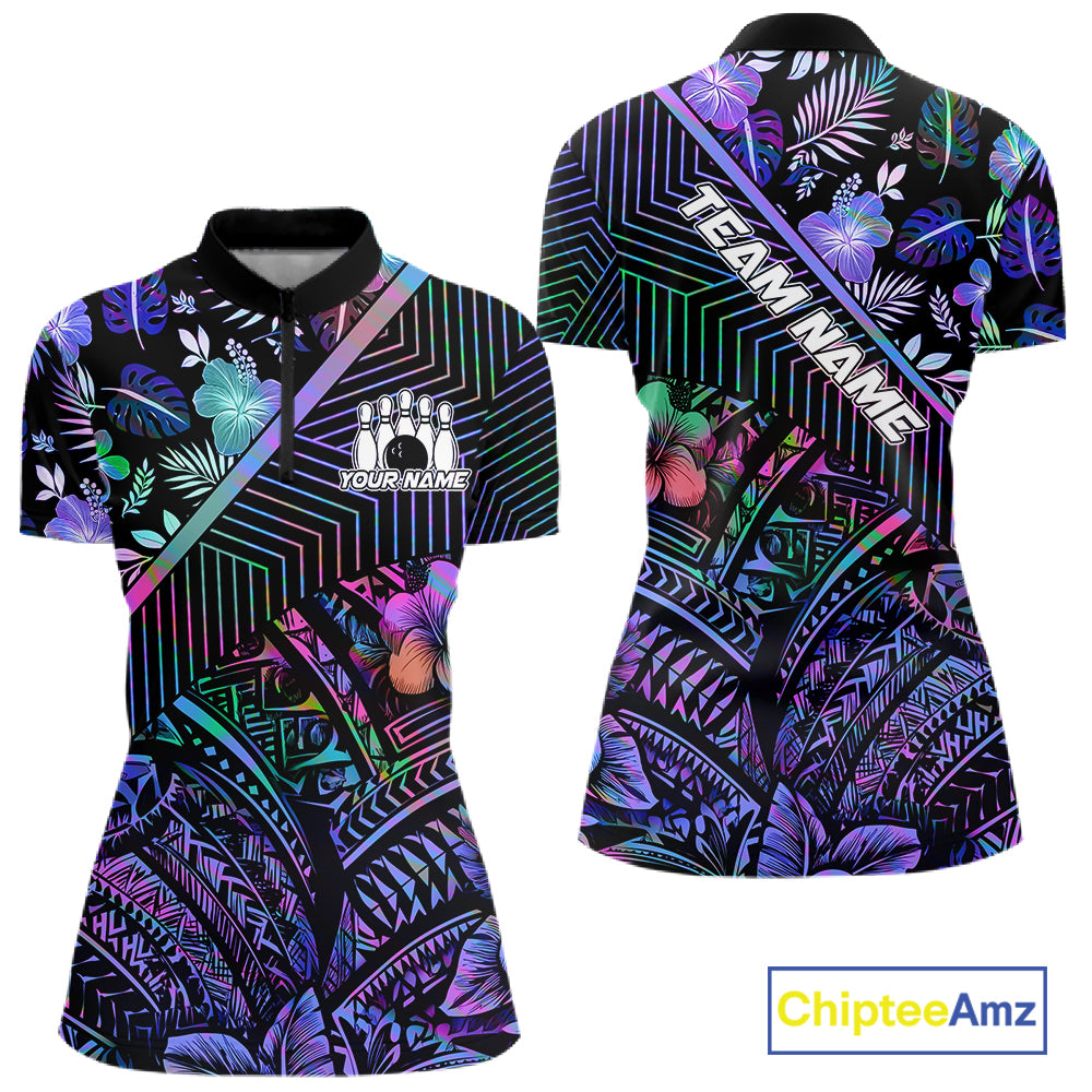 Holographic Rainbow Tribal Pattern Bowling Polo, 1/4 Zip Shirts For Women Custom Team Bowling Jersey NYN4403