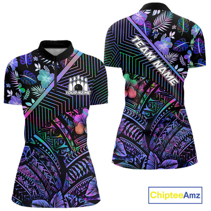 Holographic Rainbow Tribal Pattern Bowling Polo, 1/4 Zip Shirts For Women Custom Team Bowling Jersey NYN4403