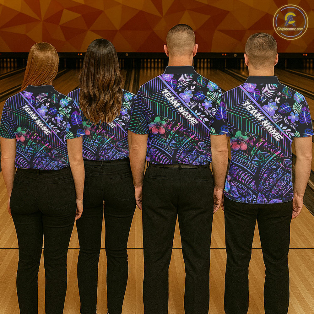 Holographic Rainbow Tribal Pattern Bowling Polo, 1/4 Zip Shirts For Men Custom Team Bowling Jersey NYN4403