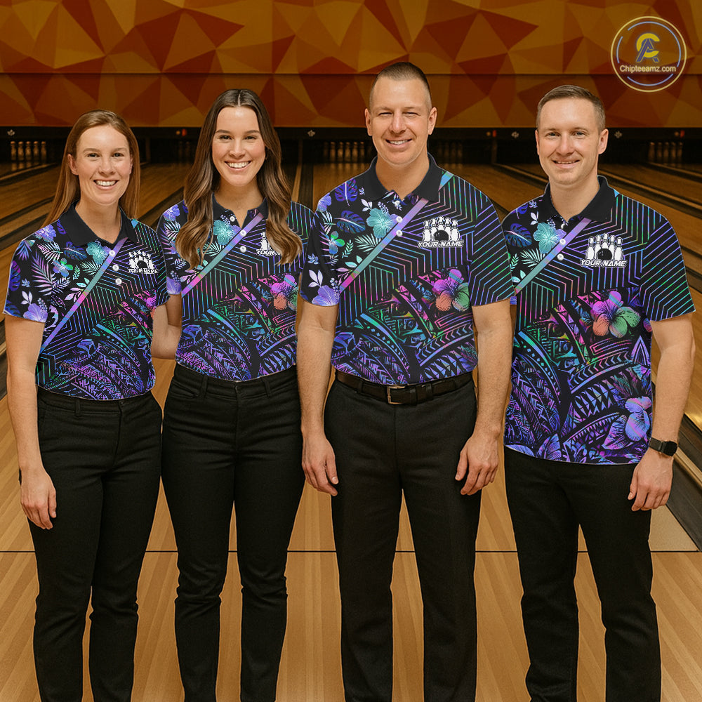 Holographic Rainbow Tribal Pattern Bowling Polo, 1/4 Zip Shirts For Men Custom Team Bowling Jersey NYN4403