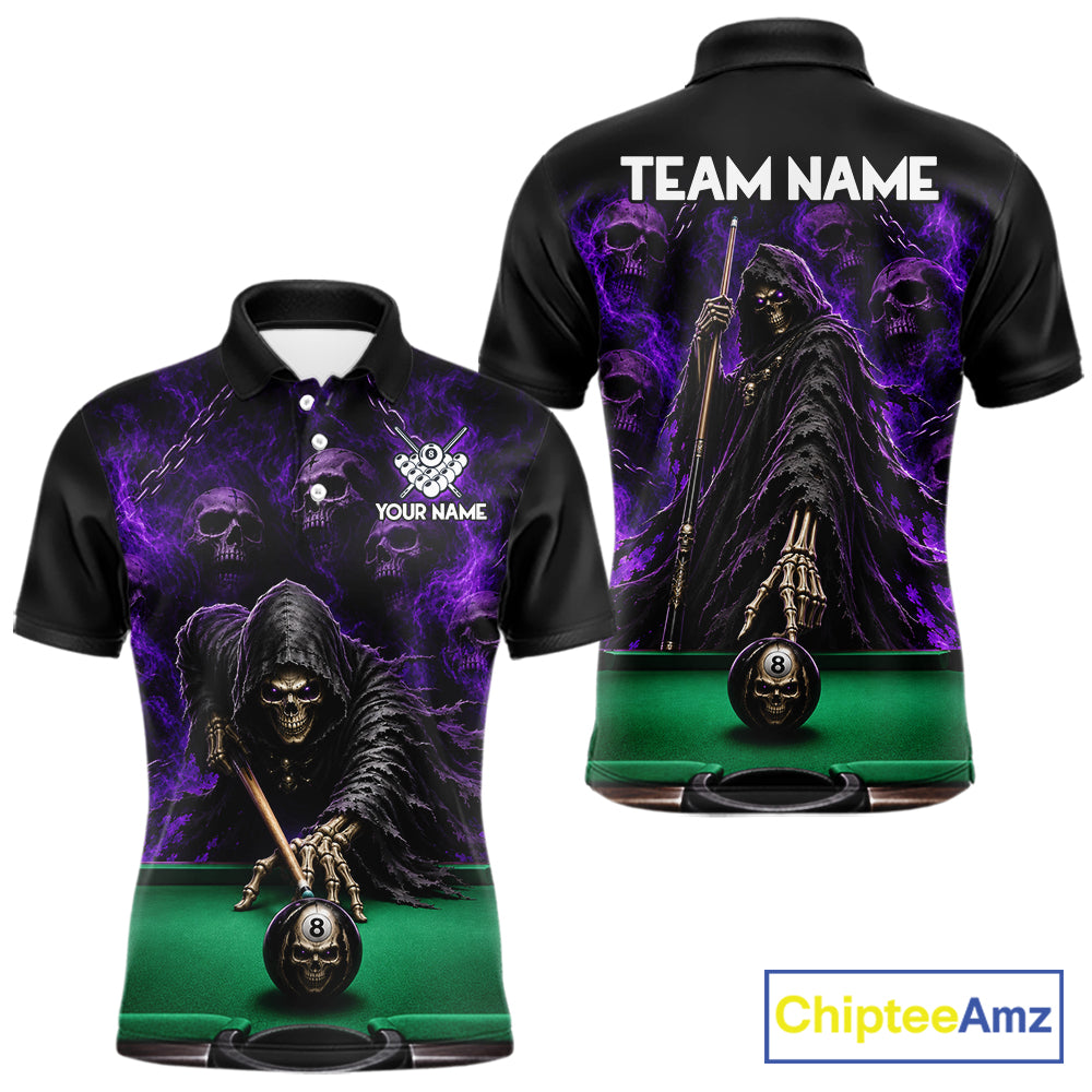 Custom Grim Reaper Pool Billiard Shirt For Men Skull 8 Ball Purple Billiard Polo 1/4-Zip Team Uniform NYN4414