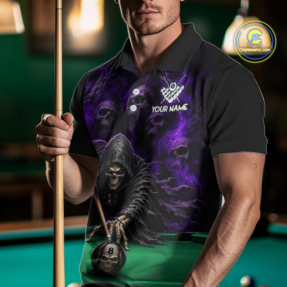 Custom Grim Reaper Pool Billiard Shirt For Men Skull 8 Ball Purple Billiard Polo 1/4-Zip Team Uniform NYN4414