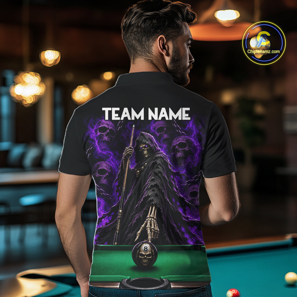 Custom Grim Reaper Pool Billiard Shirt For Men Skull 8 Ball Purple Billiard Polo 1/4-Zip Team Uniform NYN4414