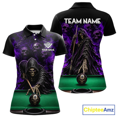 Custom Grim Reaper Pool Billiard Shirt For Women Skull 8 Ball Purple Billiard Polo 1/4-Zip Team Uniform NYN4414