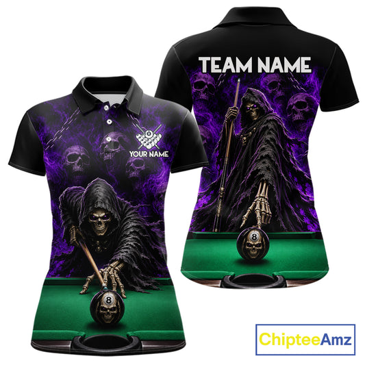 Custom Grim Reaper Pool Billiard Shirt For Women Skull 8 Ball Purple Billiard Polo 1/4-Zip Team Uniform NYN4414