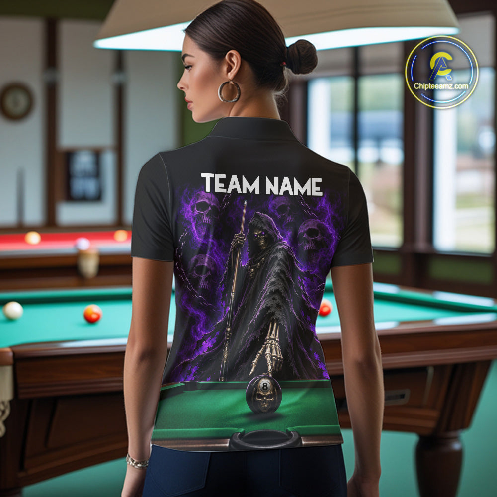 Custom Grim Reaper Pool Billiard Shirt For Women Skull 8 Ball Purple Billiard Polo 1/4-Zip Team Uniform NYN4414