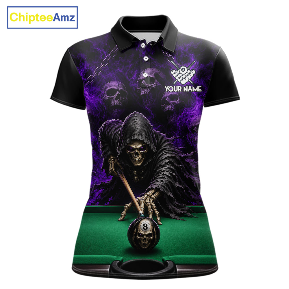 Custom Grim Reaper Pool Billiard Shirt For Women Skull 8 Ball Purple Billiard Polo 1/4-Zip Team Uniform NYN4414