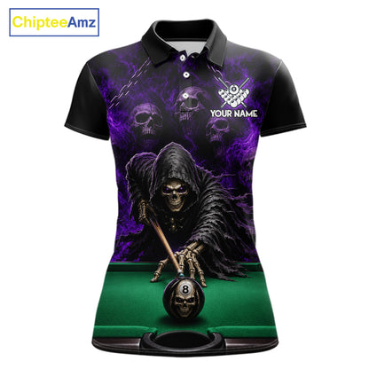 Custom Grim Reaper Pool Billiard Shirt For Women Skull 8 Ball Purple Billiard Polo 1/4-Zip Team Uniform NYN4414