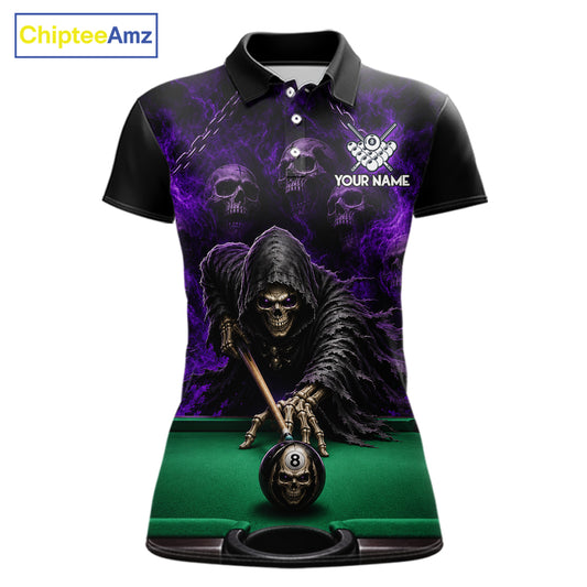 Custom Grim Reaper Pool Billiard Shirt For Women Skull 8 Ball Purple Billiard Polo 1/4-Zip Team Uniform NYN4414