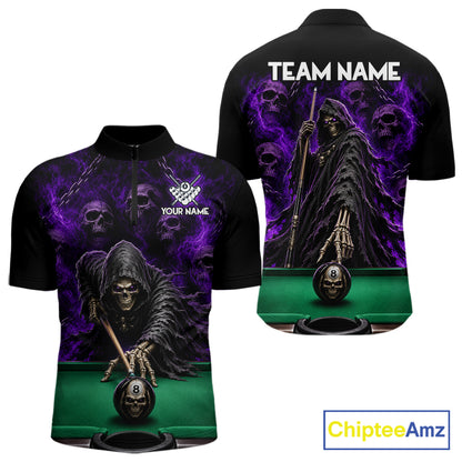 Custom Grim Reaper Pool Billiard Shirt For Men Skull 8 Ball Purple Billiard Polo 1/4-Zip Team Uniform NYN4414