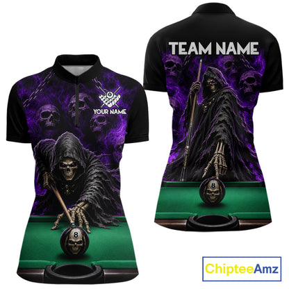 Custom Grim Reaper Pool Billiard Shirt For Women Skull 8 Ball Purple Billiard Polo 1/4-Zip Team Uniform NYN4414