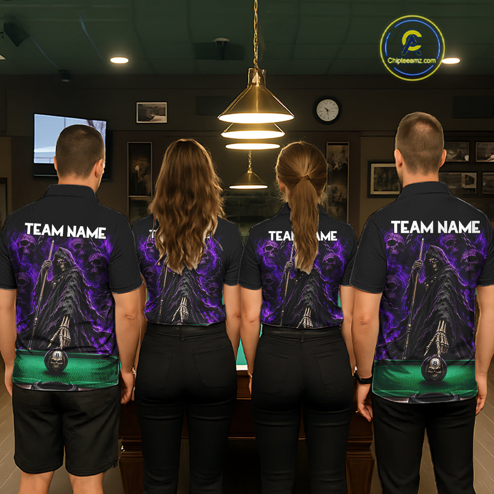 Custom Grim Reaper Pool Billiard Shirt For Men Skull 8 Ball Purple Billiard Polo 1/4-Zip Team Uniform NYN4414