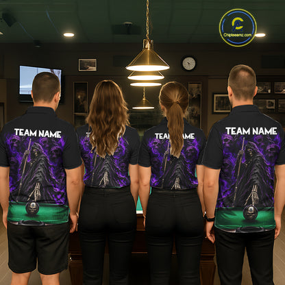 Custom Grim Reaper Pool Billiard Shirt For Men Skull 8 Ball Purple Billiard Polo 1/4-Zip Team Uniform NYN4414