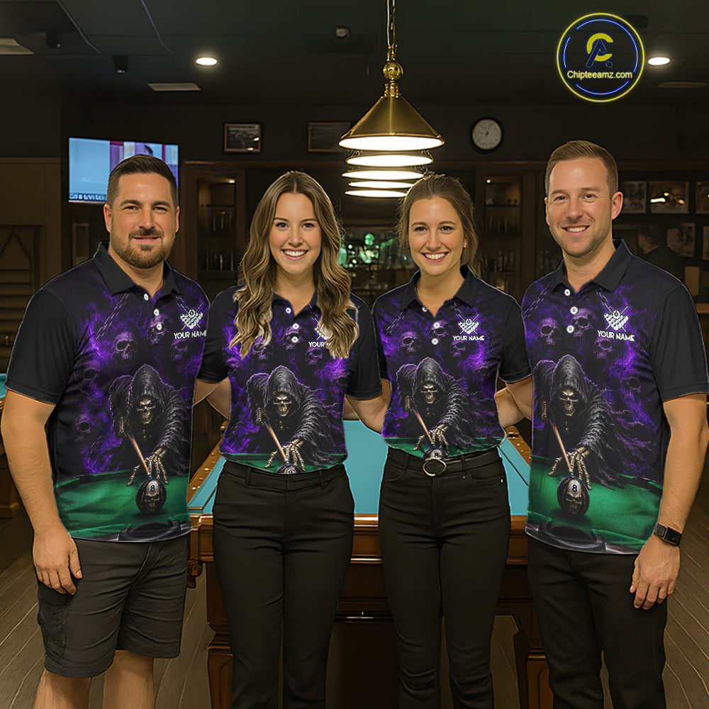 Custom Grim Reaper Pool Billiard Shirt For Men Skull 8 Ball Purple Billiard Polo 1/4-Zip Team Uniform NYN4414
