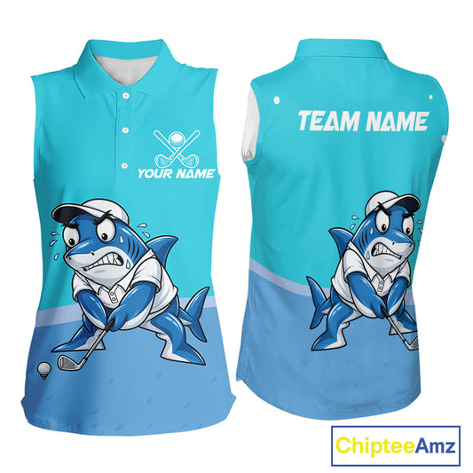 Custom Blue Funny Shark Womens Golf Sleeveless Polo Shirt Personalized Crab Golfer Golf Team Golf Apparel NYN4808