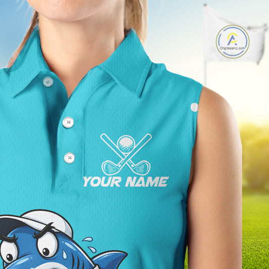 Custom Blue Funny Shark Womens Golf Sleeveless Polo Shirt Personalized Crab Golfer Golf Team Golf Apparel NYN4808