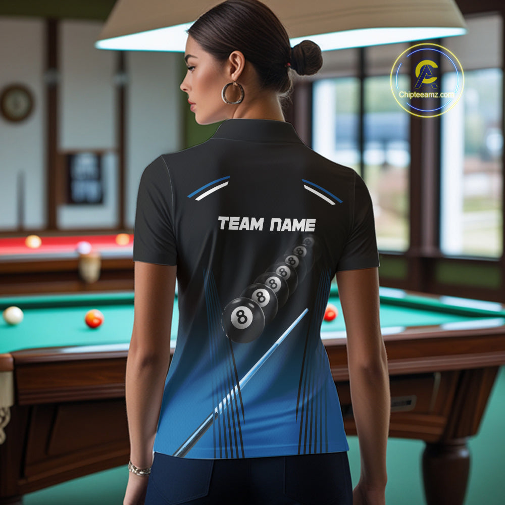Black & Blue Billiard Ball Cue Pool Women Polo & 1/4-Zip Shirt Custom 8 Ball 3D Billiards Attire NYN2455