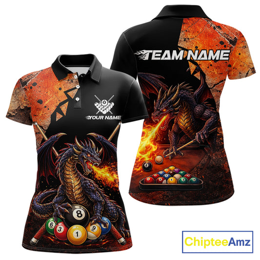 Orange Grunge Dragon Flame 8 Ball Pool Billiard Shirt For Women Custom Billiards Team Attire NYN3046