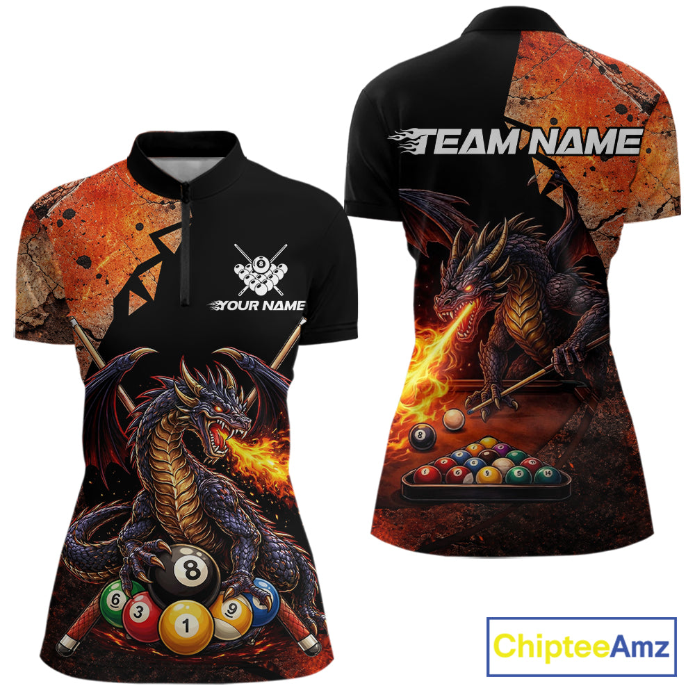 Orange Grunge Dragon Flame 8 Ball Pool Billiard Shirt For Women Custom Billiards Team Attire NYN3046