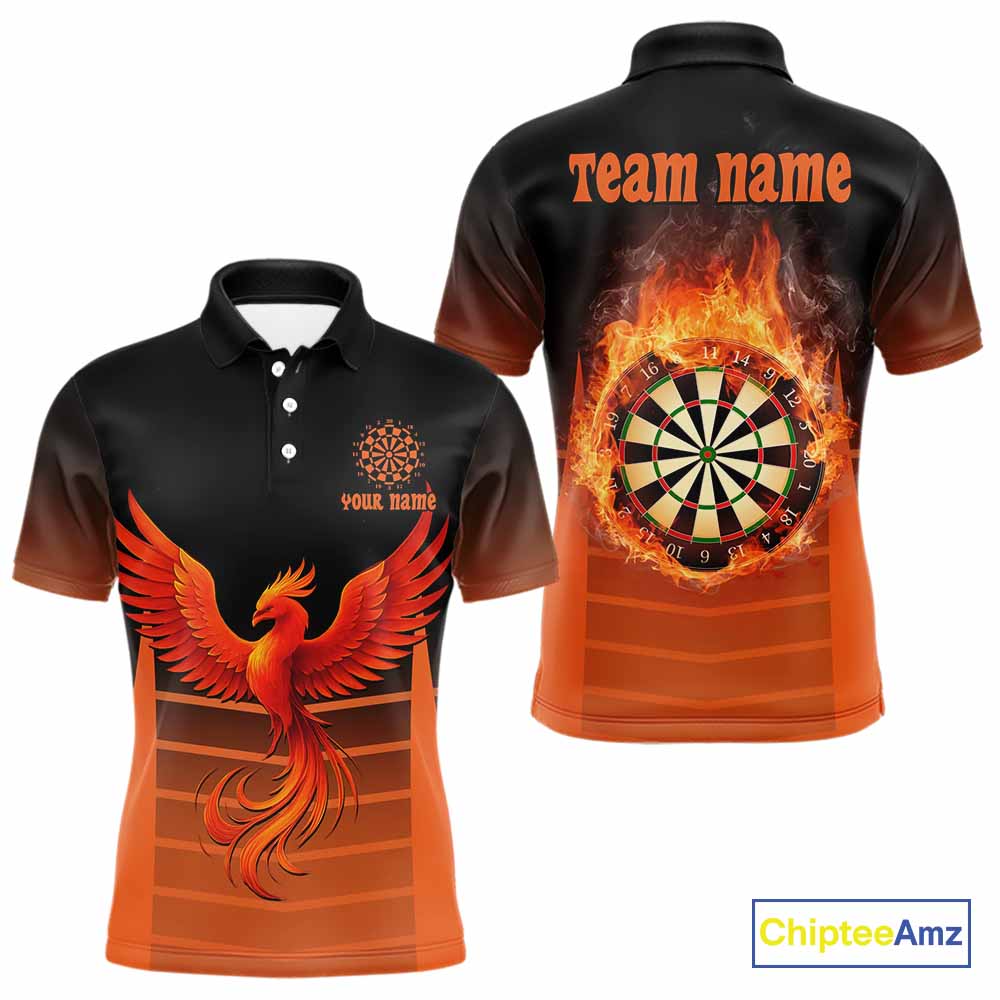 Men's Custom Darts Shirt With Amber Phoenix And Flame Dartboard, Darts Jersey NYN0261