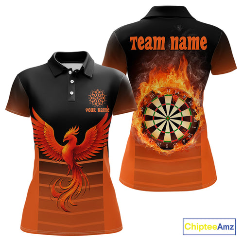 Women's Custom Darts Shirt With Amber Phoenix And Flame Dartboard, Darts Jersey NYN0261