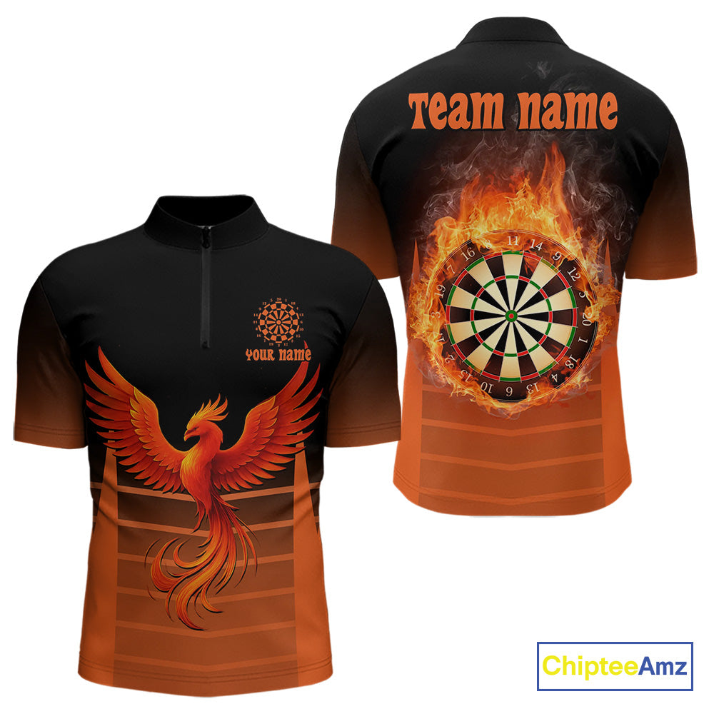 Men's Custom Darts Shirt With Amber Phoenix And Flame Dartboard, Darts Jersey NYN0261