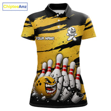 Load image into Gallery viewer, Women's yellow grunge cracked bowling ball and pins polo shirt mockup custom bowling league jersey
