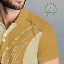 Load image into Gallery viewer, Male golfer modeling funny banana golf polo during club tournament, premium golf apparel symbolizing energy, happiness, confidence and lighthearted competition.