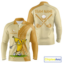 Load image into Gallery viewer, Men's golf polo mockup featuring humorous banana artwork, custom golf shirt for golf teams, leagues and country clubs. Appeals to food lovers, tropical vacation fans and casual golfers