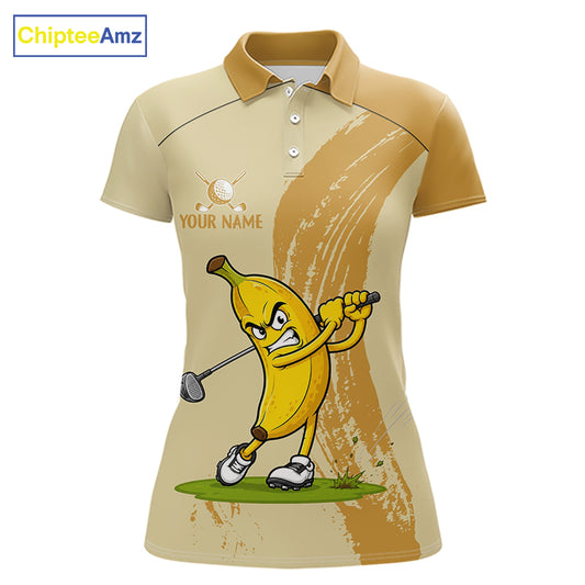 Women's golf polo mockup featuring playful banana graphics, personalized golf apparel for women's golf leagues, golf clubs and vacation golf events.