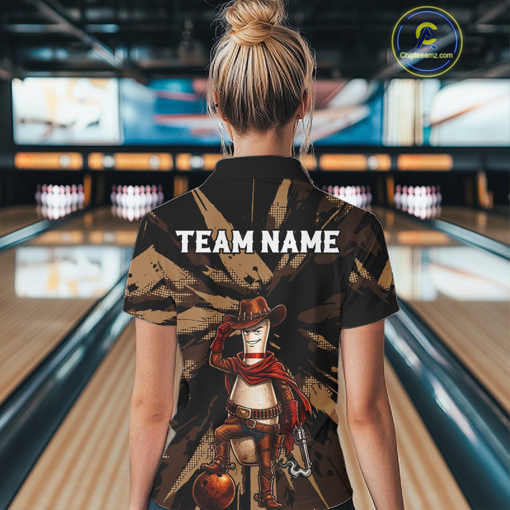Funny Cowboy Women Bowling Jersey Wild West Gunslinger Bowling Pin Shirt Personalized Bowling Team Apparel NYN4351
