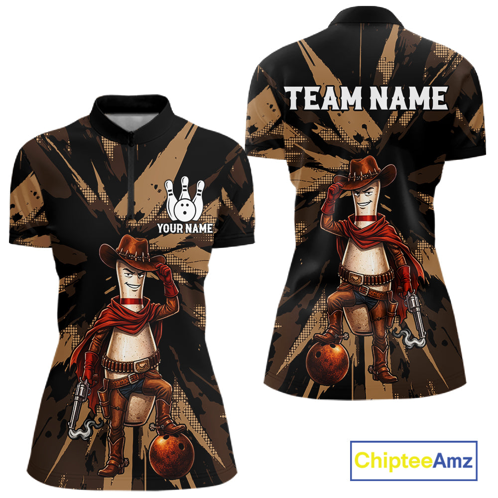 Funny Cowboy Women Bowling Jersey Wild West Gunslinger Bowling Pin Shirt Personalized Bowling Team Apparel NYN4351