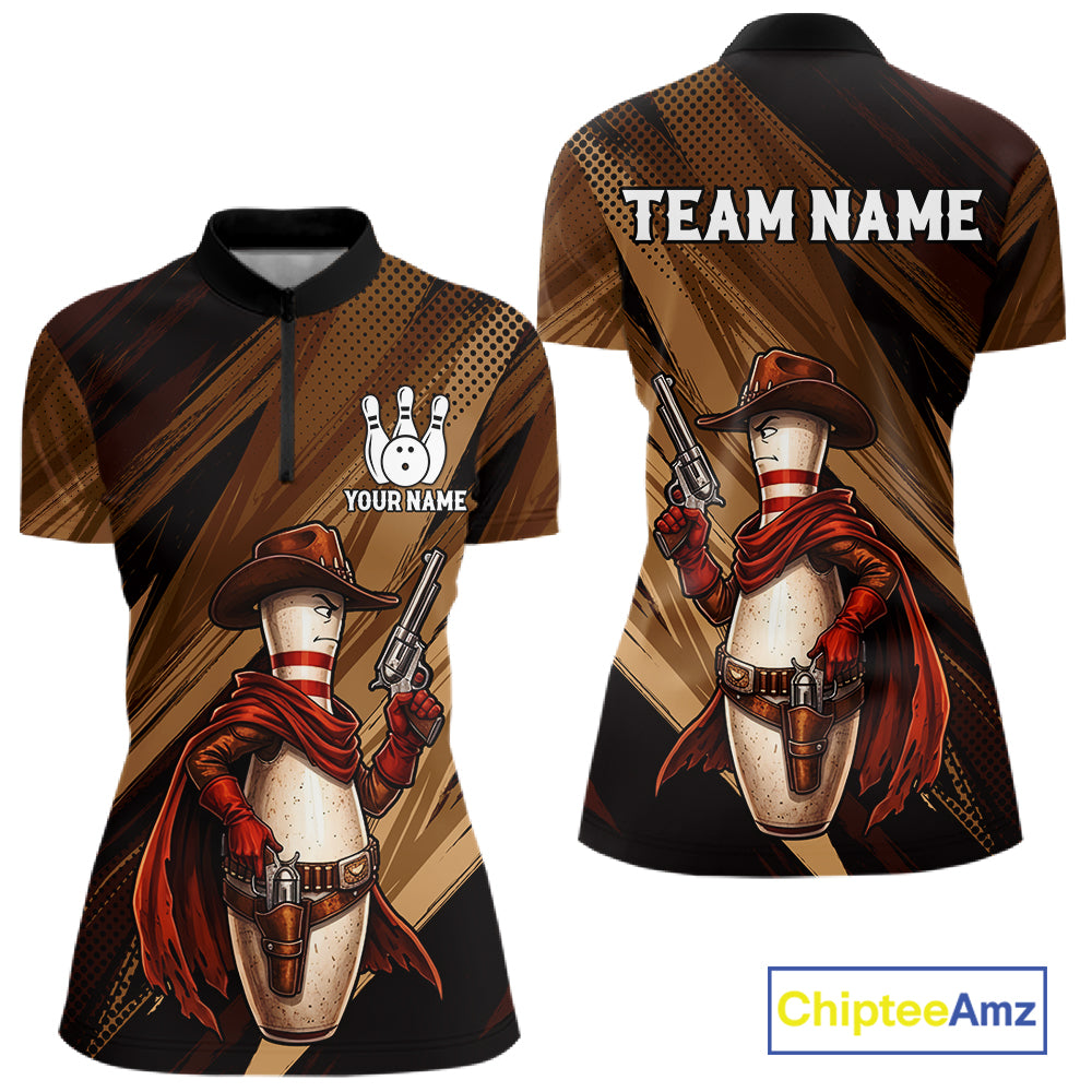 Funny Cowboy Women Bowling Jersey Gun Gunslinger Bowling Pin Shirt Personalized Bowling Team Apparel NYN4352