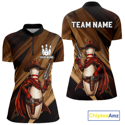 Funny Cowboy Women Bowling Jersey Gun Gunslinger Bowling Pin Shirt Personalized Bowling Team Apparel NYN4352