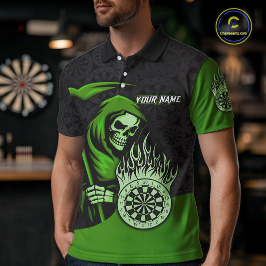 Custom Green Grim Reaper Flame Dartboard Dart Polo Jerseys For Men Dart Shirt Gifts NYN1647