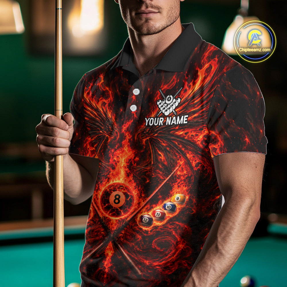 Personalized Flame Cracked 8 Ball Pool Polo Shirt For Men Custom Fire Wings Retro Billiard Team Shirt NYN4823
