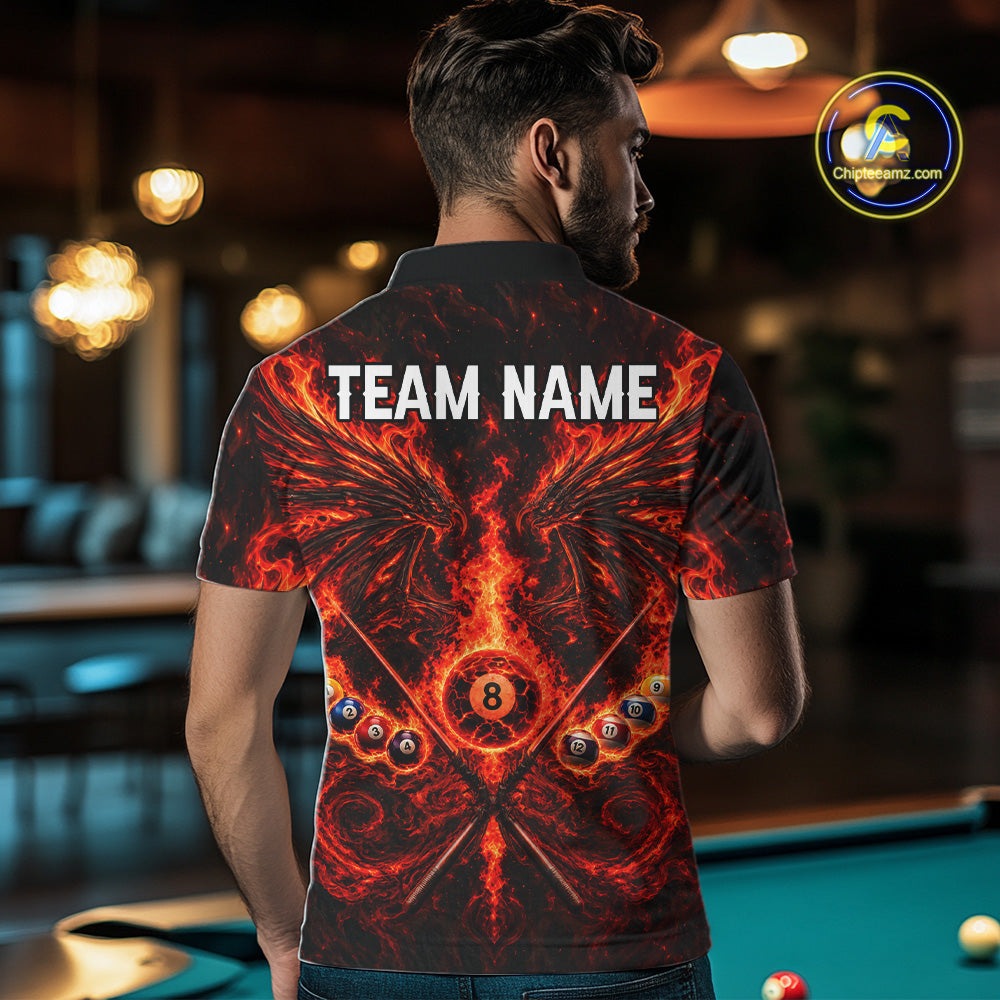 Personalized Flame Cracked 8 Ball Pool Polo Shirt For Men Custom Fire Wings Retro Billiard Team Shirt NYN4823