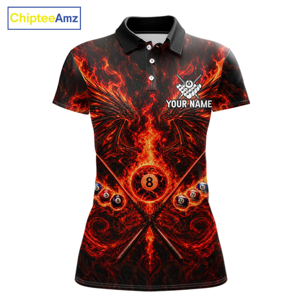 Personalized Flame Cracked 8 Ball Pool Polo Shirt For Women Custom Fire Wings Retro Billiard Team Shirt NYN4823