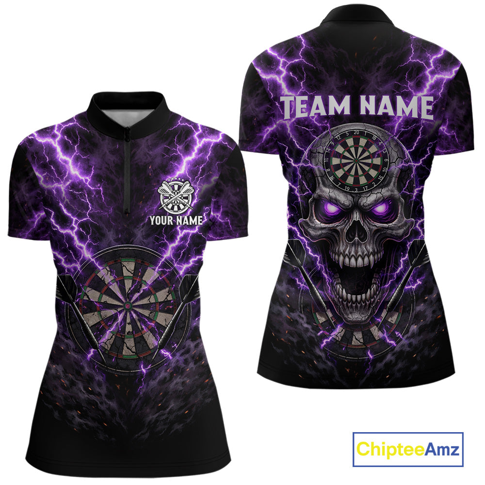 Thunder Lightning Purple Cracked Skull Dartboard Dart 1/4-Zip Shirts For Women Custom Dart Team Shirts NYN2676